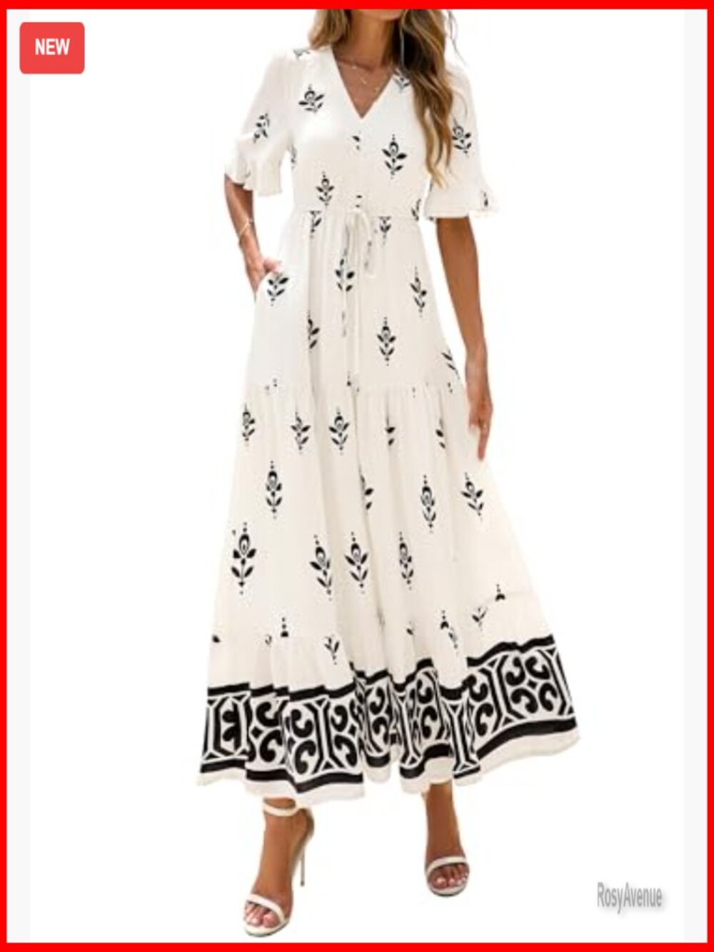 Polyester Maxi Dress with Pockets, V-Neck, Tiered Flowy A-Line - Picture 2 of 7